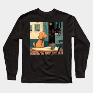 Adorable Dog in a French Bistro Coffee Illustration Long Sleeve T-Shirt